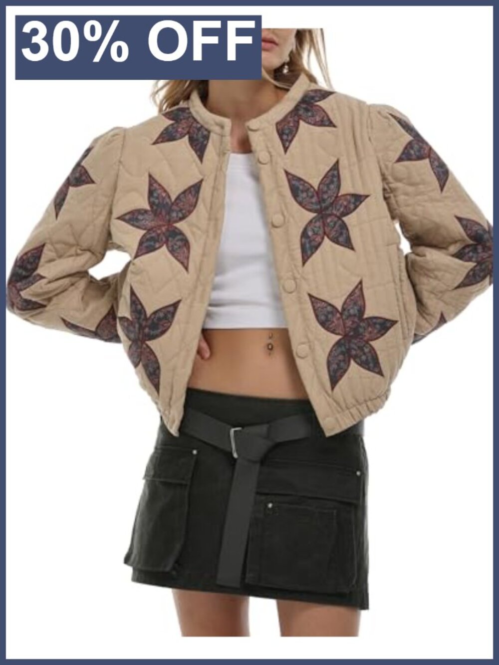 Women's Quilted Lightweight Jacket Floral Embroidered Winter Coat